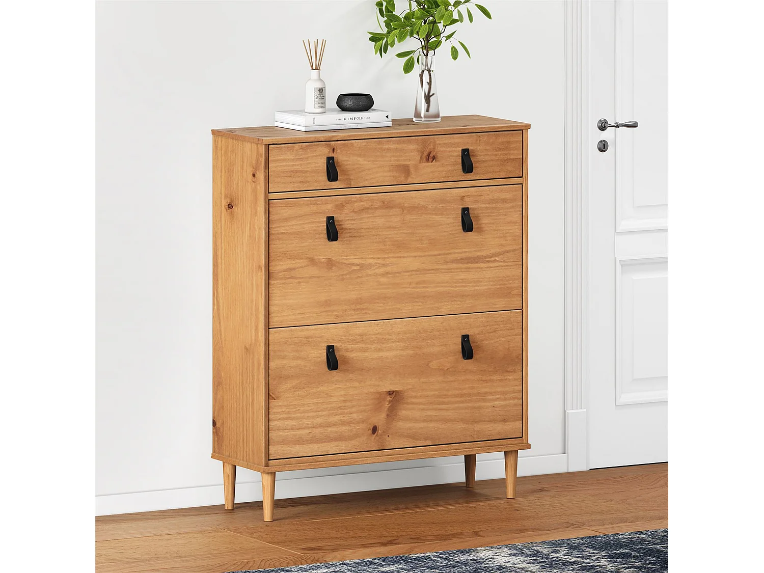 Meuble à chaussures MIKKA, étagère à chaussure bois avec 2 abattants et 1 tiroir de rangement en pin massif coloris chêne