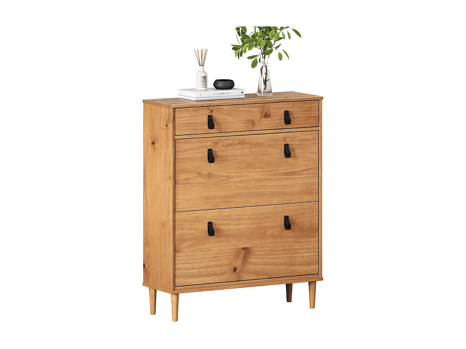 Meuble à chaussures MIKKA, étagère à chaussure bois avec 2 abattants et 1 tiroir de rangement en pin massif coloris chêne