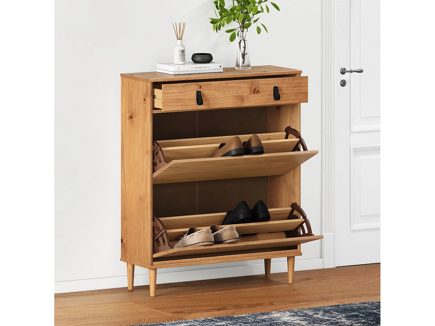Meuble à chaussures MIKKA, étagère à chaussure bois avec 2 abattants et 1 tiroir de rangement en pin massif coloris chêne