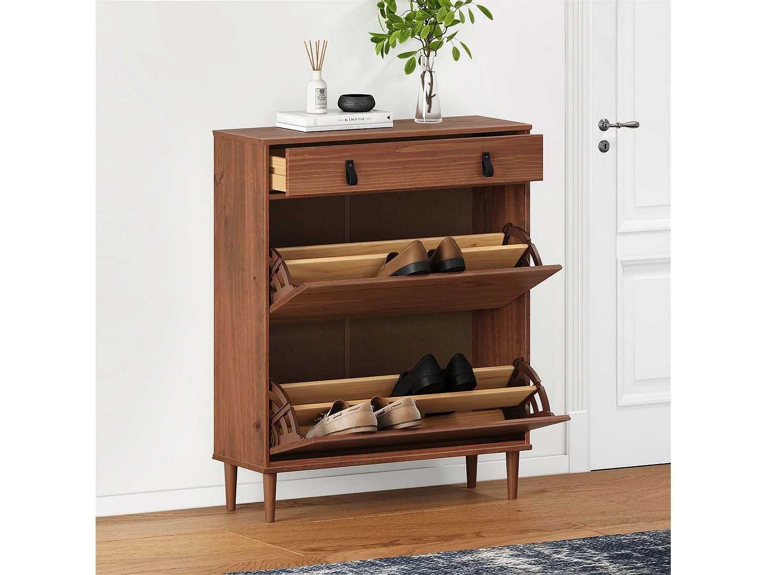 Meuble à chaussures MIKKA, étagère à chaussure bois avec 2 abattants et 1 tiroir de rangement en pin massif brun foncé