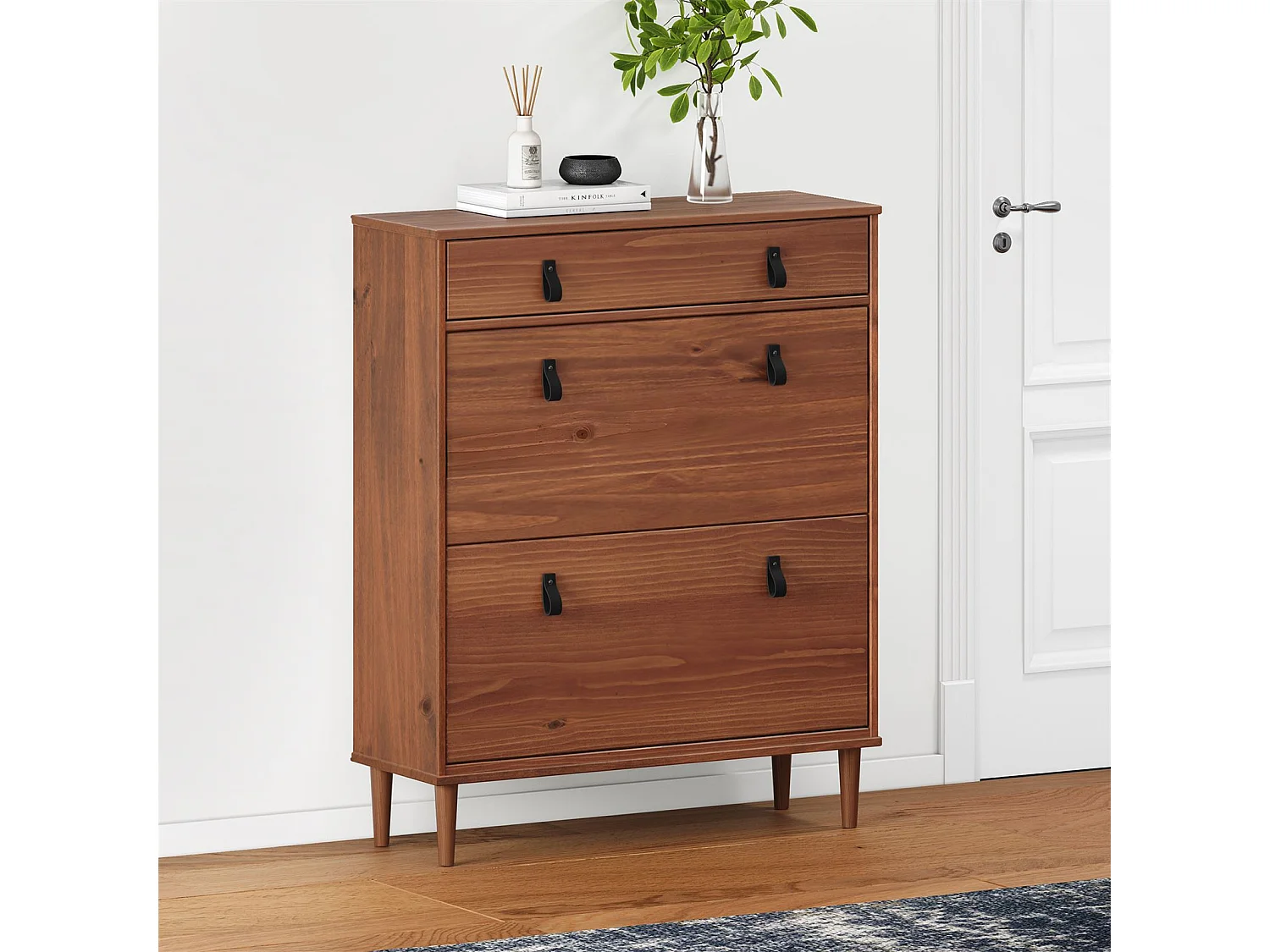 Meuble à chaussures MIKKA, étagère à chaussure bois avec 2 abattants et 1 tiroir de rangement en pin massif brun foncé