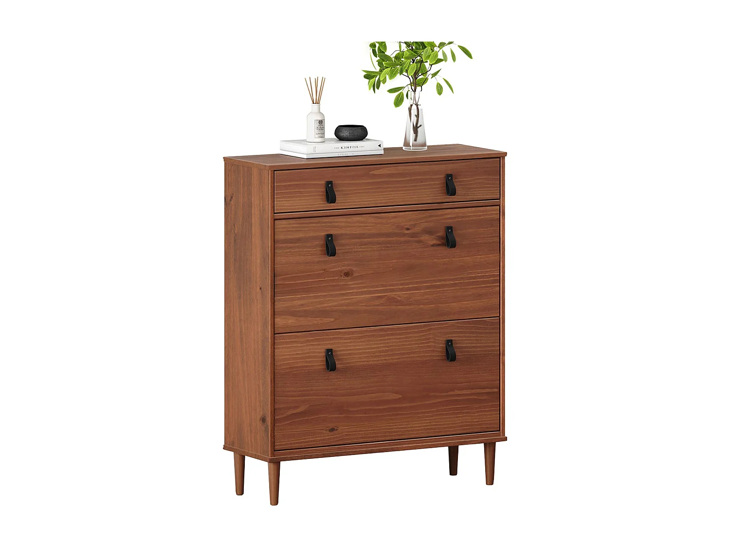 Meuble à chaussures MIKKA, étagère à chaussure bois avec 2 abattants et 1 tiroir de rangement en pin massif brun foncé