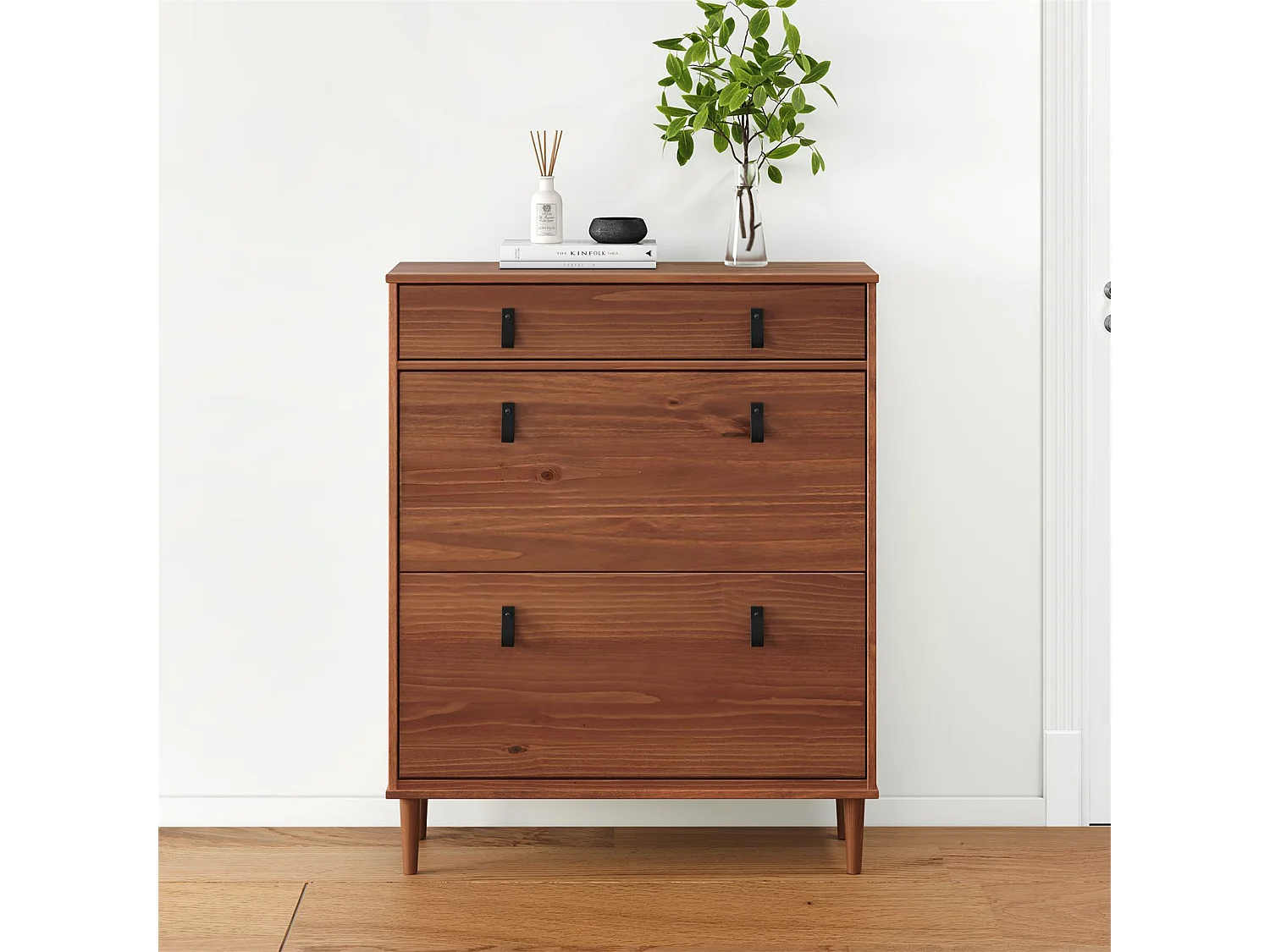 Meuble à chaussures MIKKA, étagère à chaussure bois avec 2 abattants et 1 tiroir de rangement en pin massif brun foncé