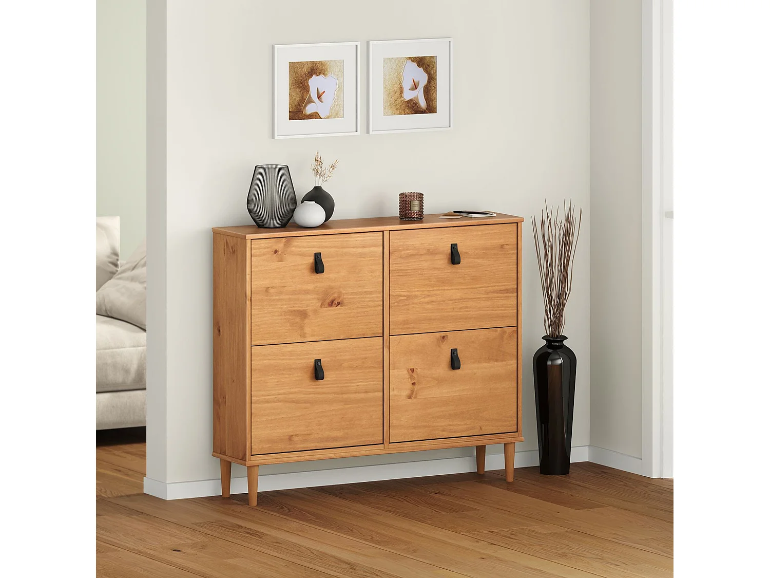 Meuble à chaussures MIKKA en bois, étagère à chaussures bois, rangement avec 4 abattants en pin massif couleur chêne