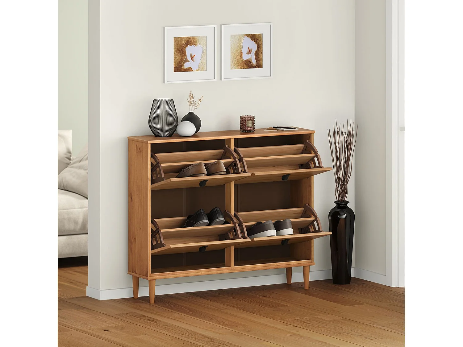 Meuble à chaussures MIKKA en bois, étagère à chaussures bois, rangement avec 4 abattants en pin massif couleur chêne