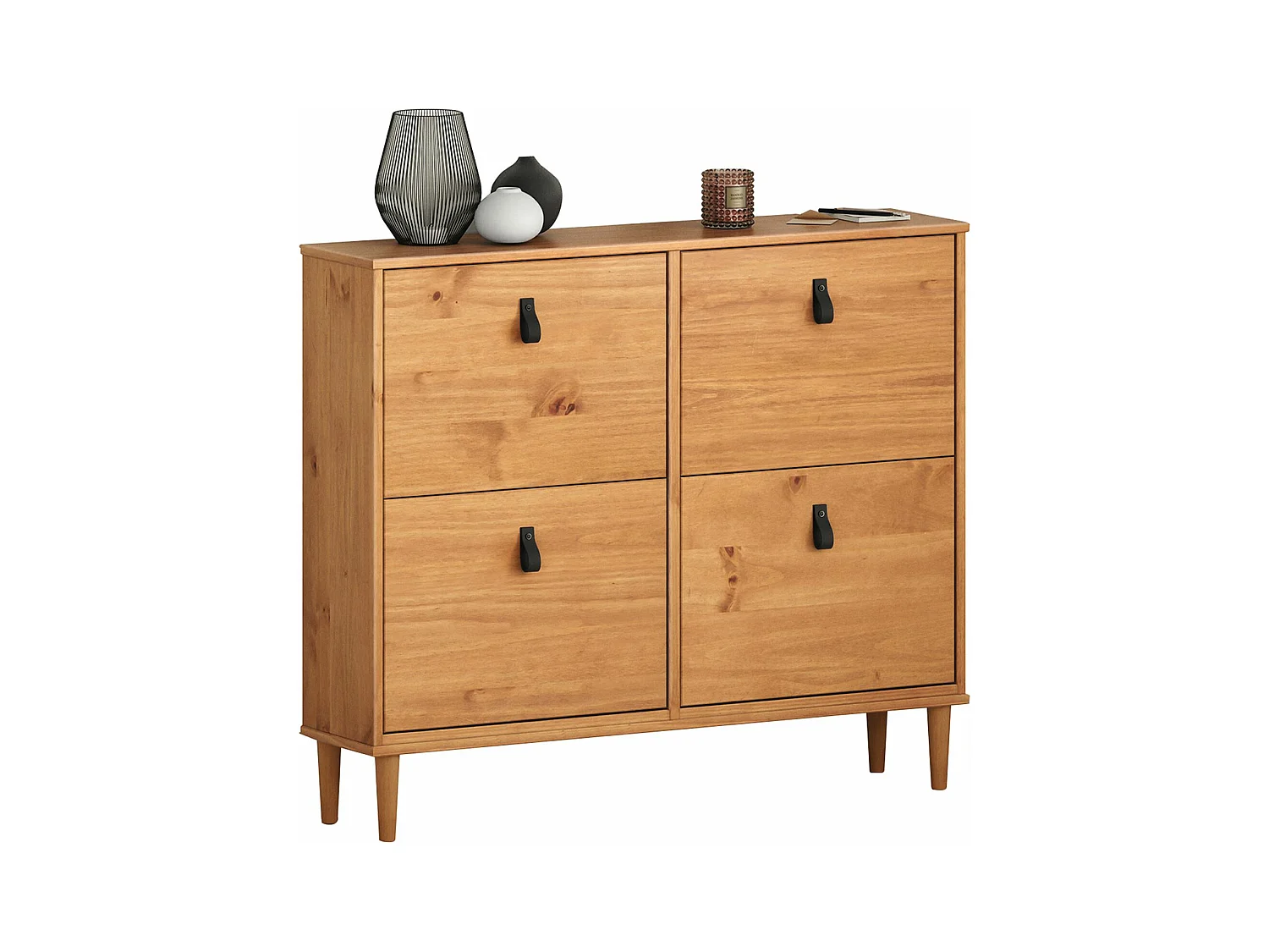 Meuble à chaussures MIKKA en bois, étagère à chaussures bois, rangement avec 4 abattants en pin massif couleur chêne