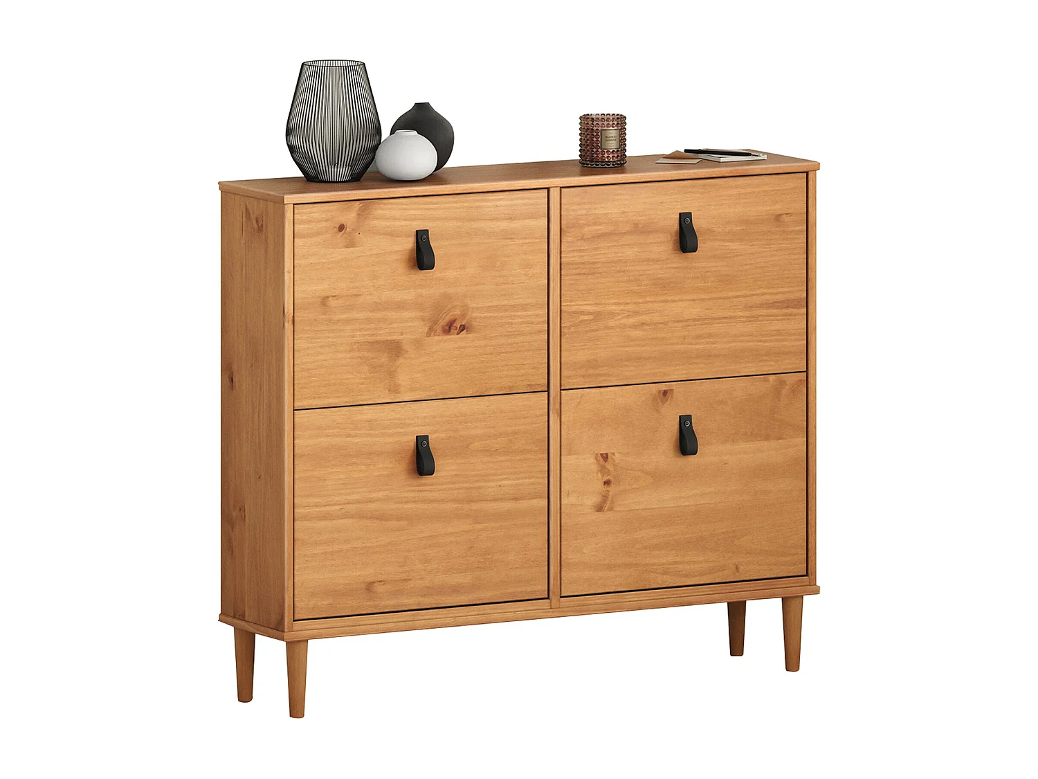 Meuble à chaussures MIKKA en bois, étagère à chaussures bois, rangement avec 4 abattants en pin massif couleur chêne