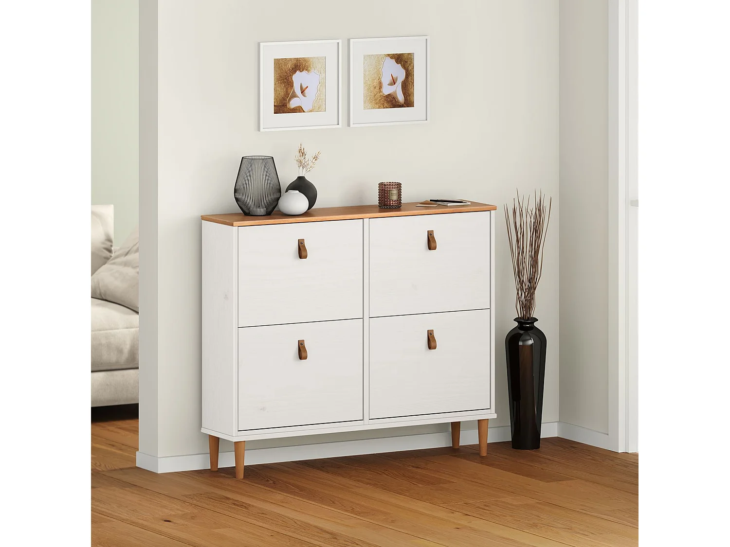 Meuble à chaussures MIKKA en bois, étagère à chaussures bois, rangement avec 4 abattants en pin massif blanc/chêne