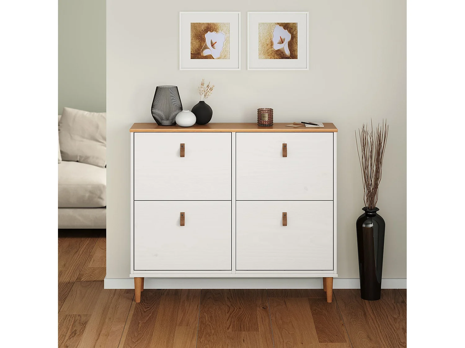 Meuble à chaussures MIKKA en bois, étagère à chaussures bois, rangement avec 4 abattants en pin massif blanc/chêne