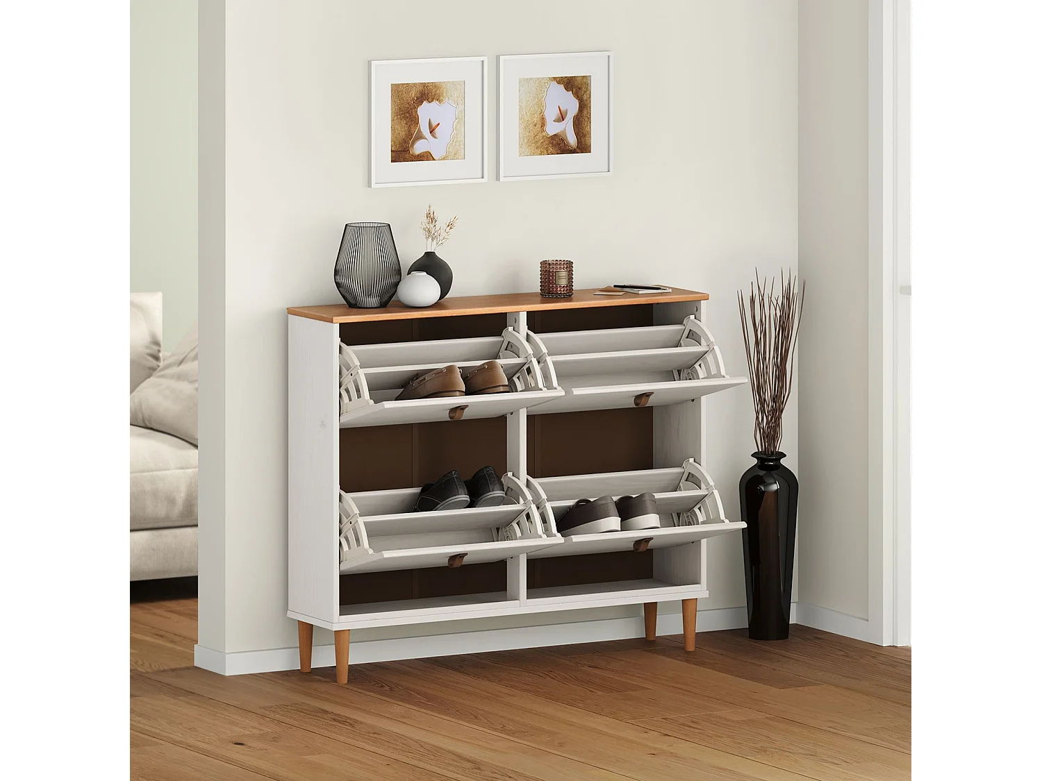 Meuble à chaussures MIKKA en bois, étagère à chaussures bois, rangement avec 4 abattants en pin massif blanc/chêne