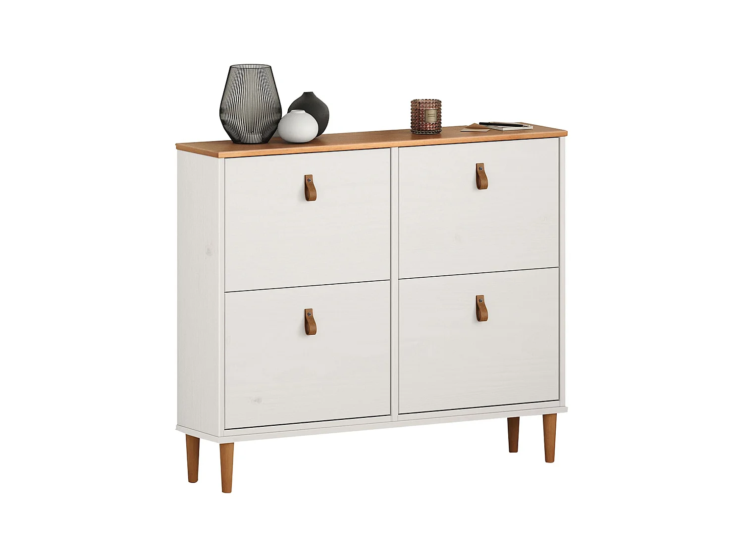 Meuble à chaussures MIKKA en bois, étagère à chaussures bois, rangement avec 4 abattants en pin massif blanc/chêne