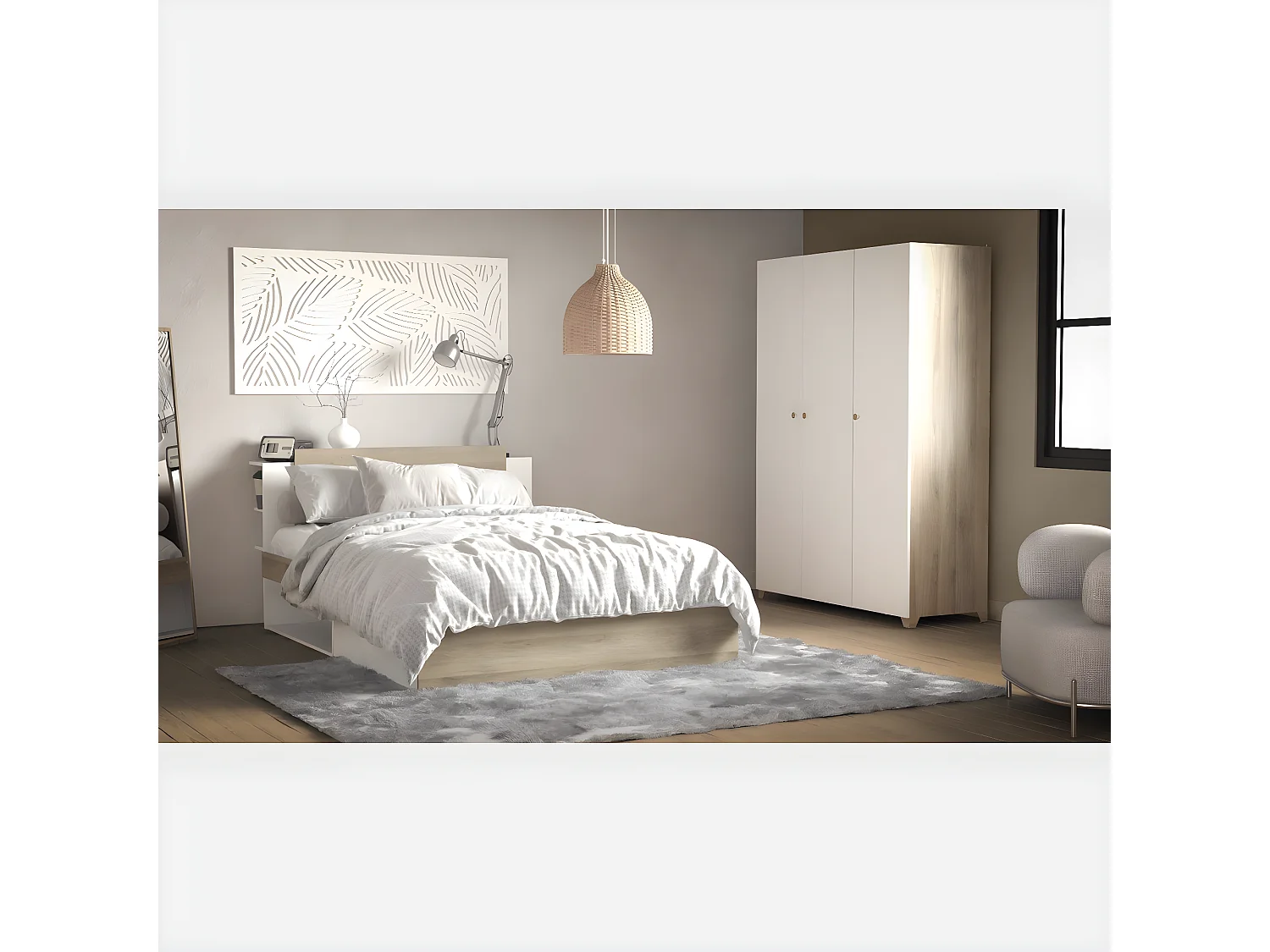 Cama de 140x190/200 cm con 2 cajones y 2 estantes - L144,7 cm