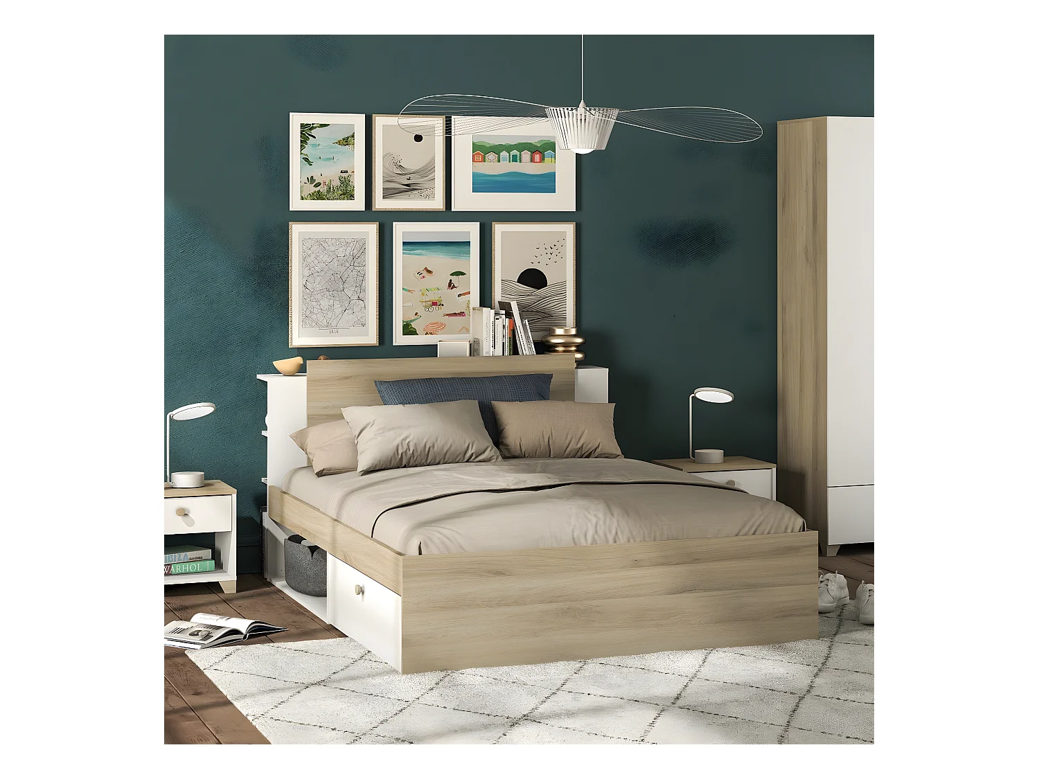 Letto 140x190/200 cm con 2 cassetti e 2 nicchie - L144,7 cm