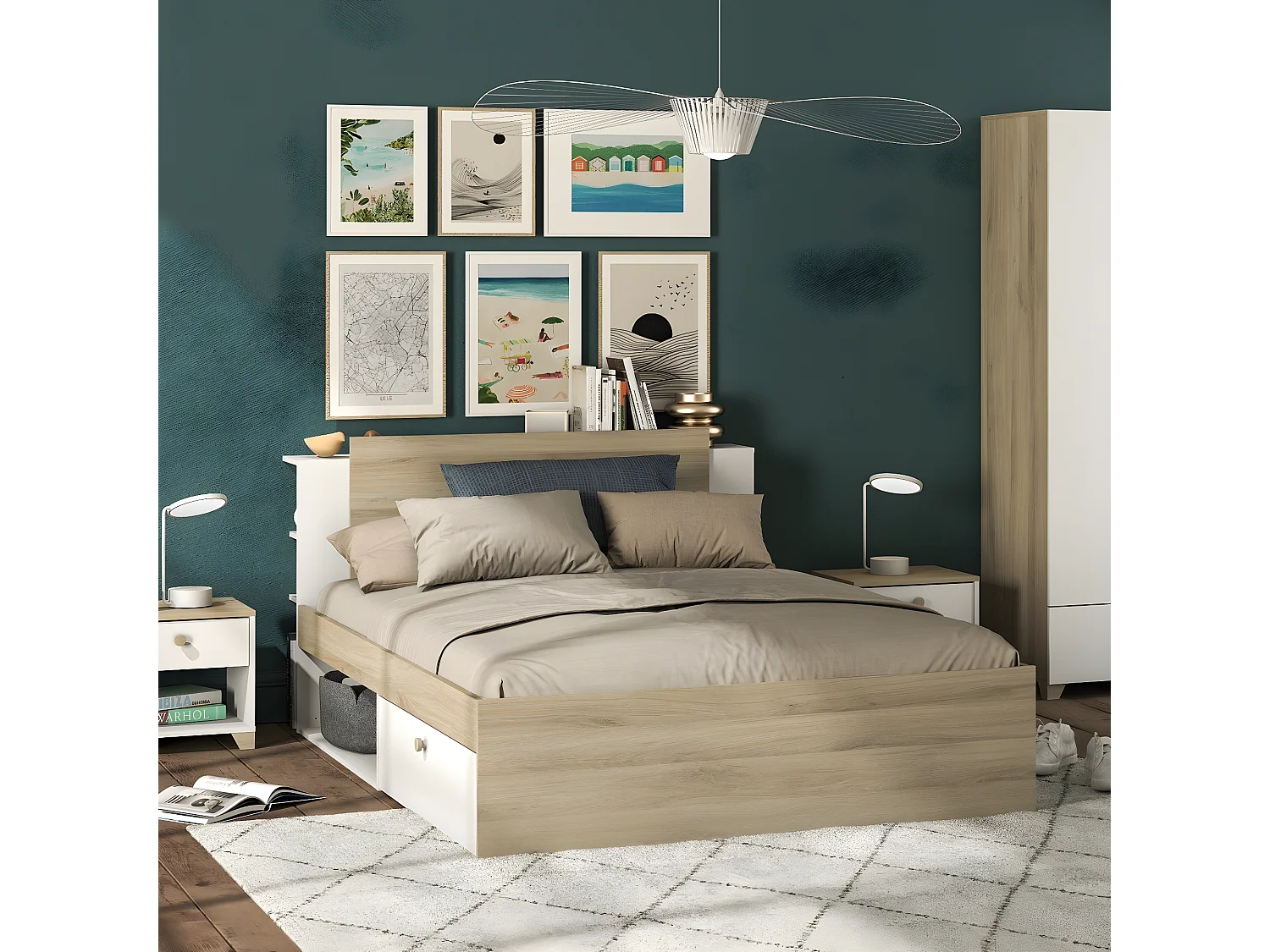 Lit en 140x190/200 cm 2 tiroirs et 2 niches - L144,7 cm