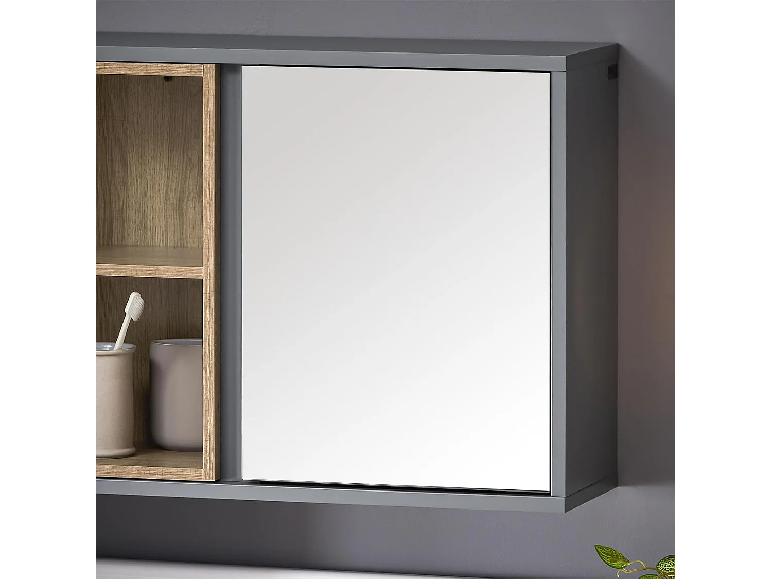 SoBuy BZR149-DG Armoire Murale avec Miroir pour Salle de Bain, Placard de Rangement Suspendu, Meuble Haut Salle de Bain avec Porte et 2 Compartiments Ouverts