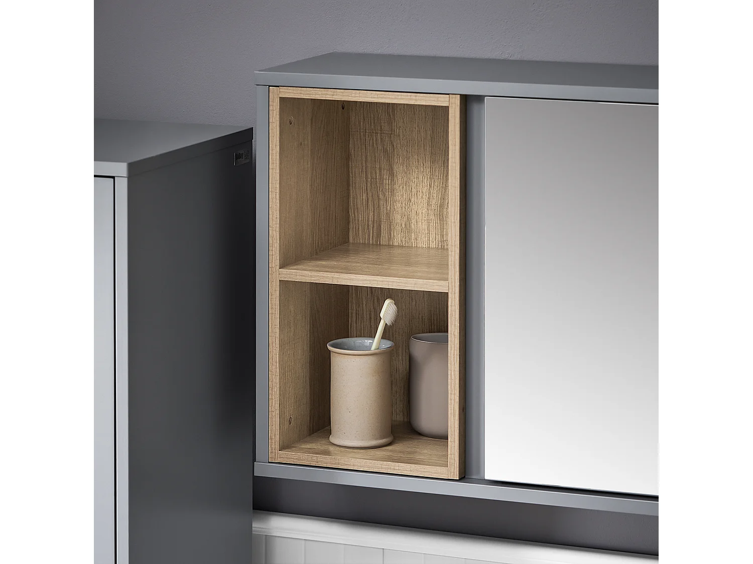 SoBuy BZR149-DG Armoire Murale avec Miroir pour Salle de Bain, Placard de Rangement Suspendu, Meuble Haut Salle de Bain avec Porte et 2 Compartiments Ouverts