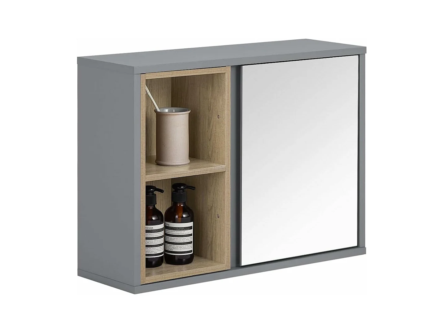SoBuy BZR149-DG Armoire Murale avec Miroir pour Salle de Bain, Placard de Rangement Suspendu, Meuble Haut Salle de Bain avec Porte et 2 Compartiments Ouverts