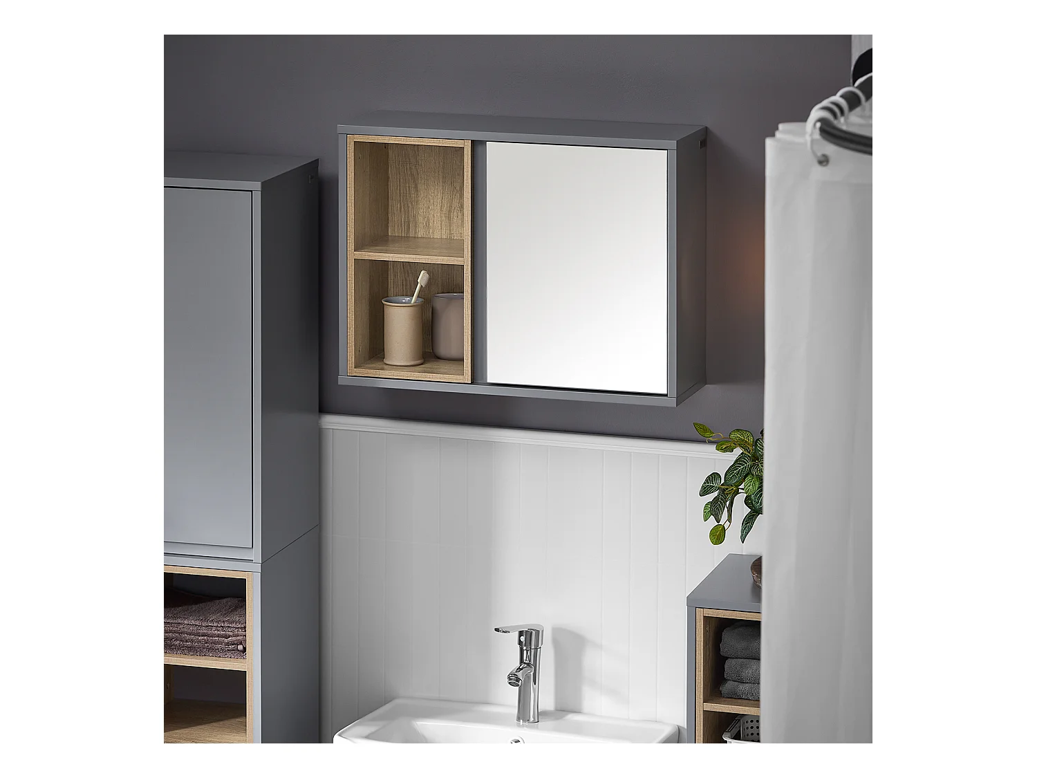SoBuy BZR149-DG Armoire Murale avec Miroir pour Salle de Bain, Placard de Rangement Suspendu, Meuble Haut Salle de Bain avec Porte et 2 Compartiments Ouverts