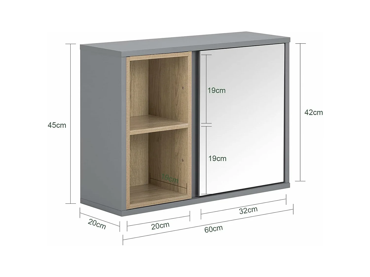 SoBuy BZR149-DG Armoire Murale avec Miroir pour Salle de Bain, Placard de Rangement Suspendu, Meuble Haut Salle de Bain avec Porte et 2 Compartiments Ouverts
