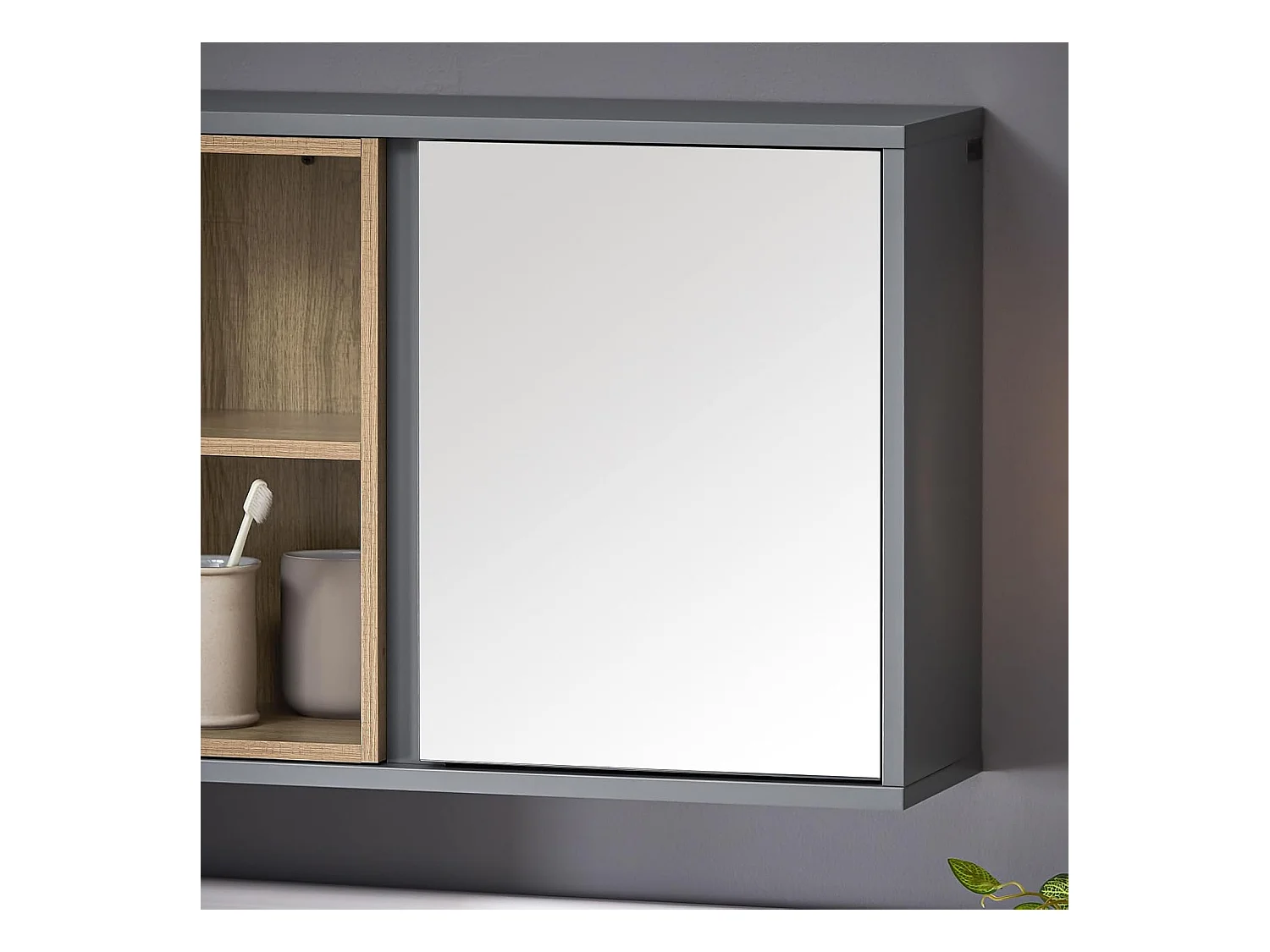 SoBuy BZR149-DG Armoire Murale avec Miroir pour Salle de Bain, Placard de Rangement Suspendu, Meuble Haut Salle de Bain avec Porte et 2 Compartiments Ouverts
