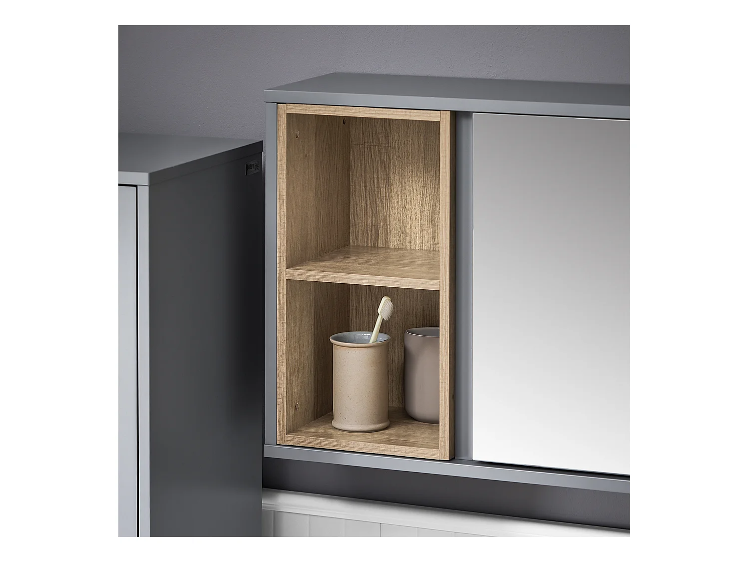 SoBuy BZR149-DG Armoire Murale avec Miroir pour Salle de Bain, Placard de Rangement Suspendu, Meuble Haut Salle de Bain avec Porte et 2 Compartiments Ouverts
