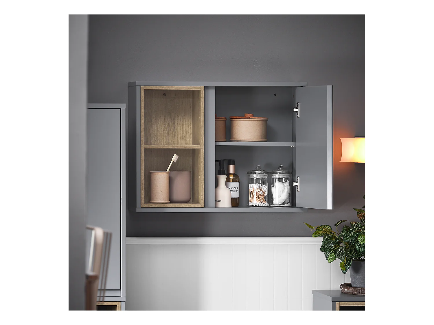 SoBuy BZR149-DG Armoire Murale avec Miroir pour Salle de Bain, Placard de Rangement Suspendu, Meuble Haut Salle de Bain avec Porte et 2 Compartiments Ouverts