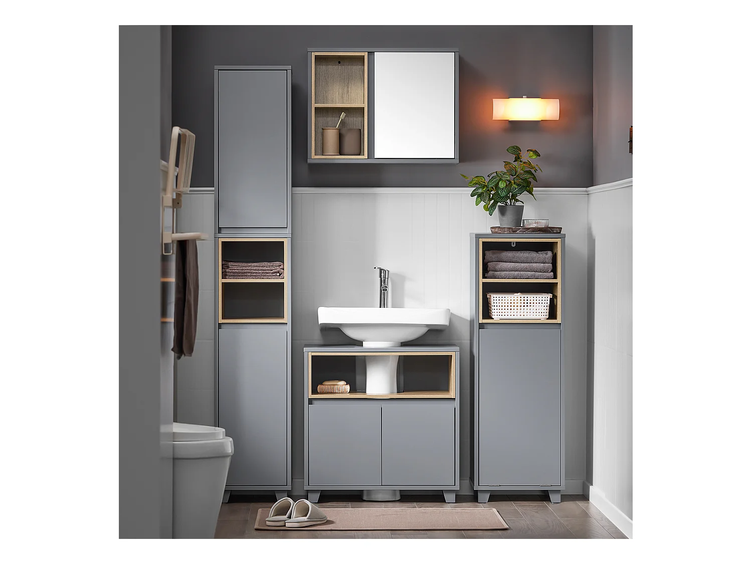 SoBuy BZR149-DG Armoire Murale avec Miroir pour Salle de Bain, Placard de Rangement Suspendu, Meuble Haut Salle de Bain avec Porte et 2 Compartiments Ouverts