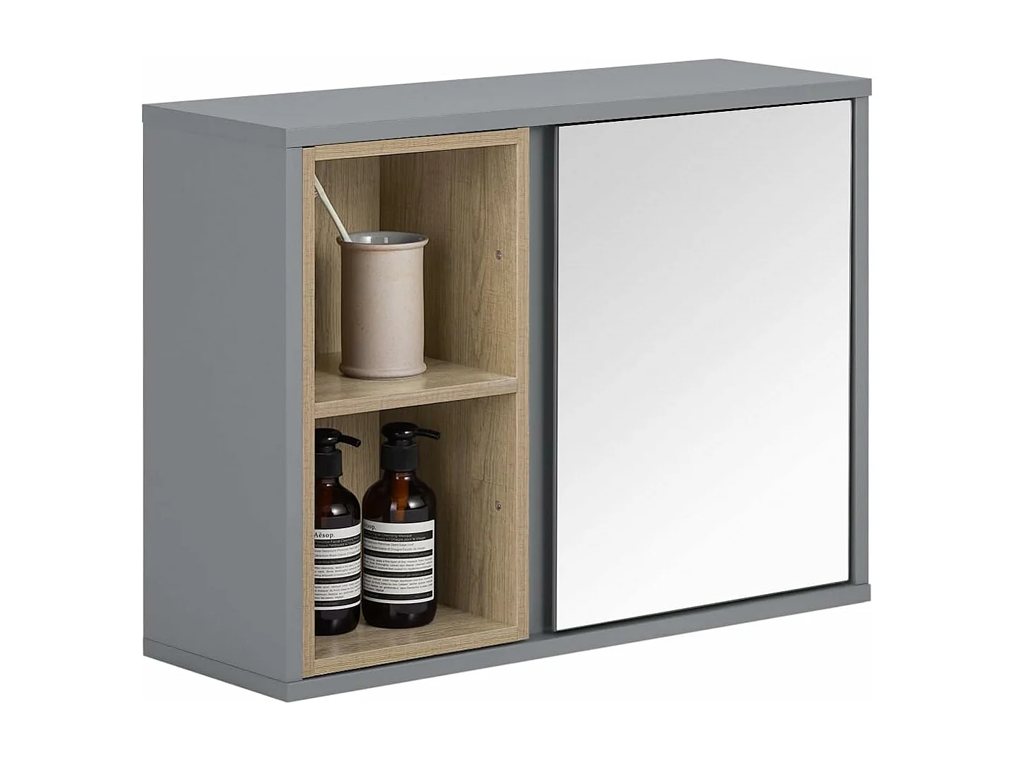 SoBuy BZR149-DG Armoire Murale avec Miroir pour Salle de Bain, Placard de Rangement Suspendu, Meuble Haut Salle de Bain avec Porte et 2 Compartiments Ouverts