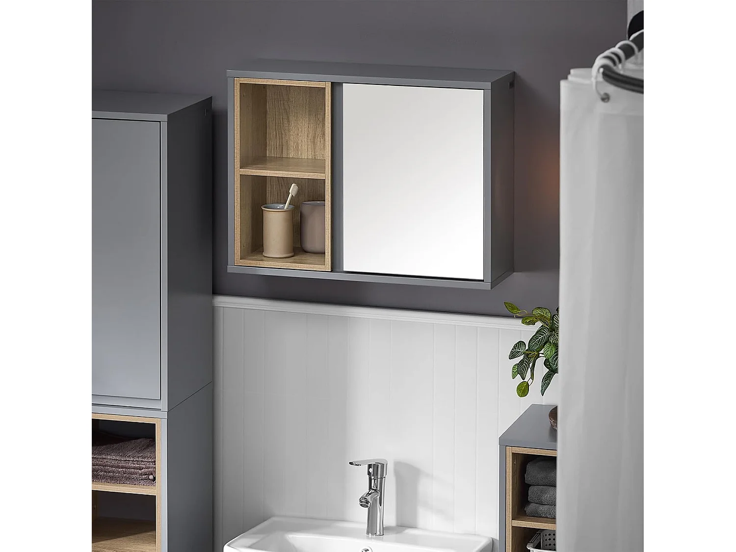 SoBuy BZR149-DG Armoire Murale avec Miroir pour Salle de Bain, Placard de Rangement Suspendu, Meuble Haut Salle de Bain avec Porte et 2 Compartiments Ouverts