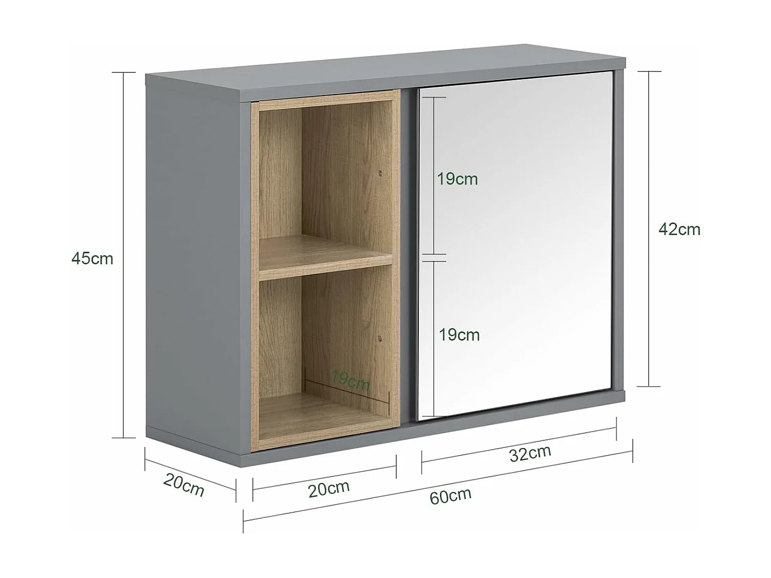 SoBuy BZR149-DG Armoire Murale avec Miroir pour Salle de Bain, Placard de Rangement Suspendu, Meuble Haut Salle de Bain avec Porte et 2 Compartiments Ouverts