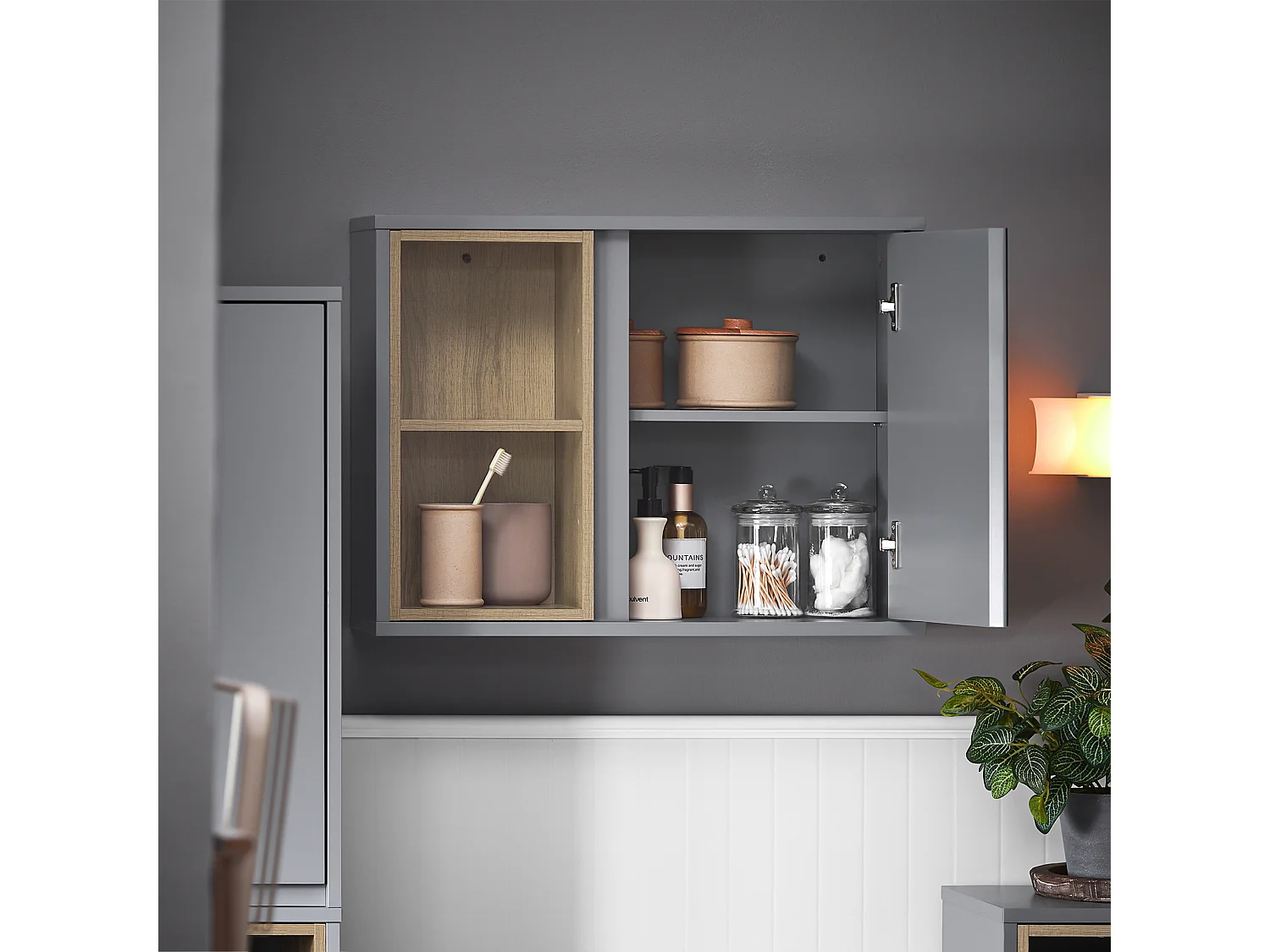SoBuy BZR149-DG Armoire Murale avec Miroir pour Salle de Bain, Placard de Rangement Suspendu, Meuble Haut Salle de Bain avec Porte et 2 Compartiments Ouverts