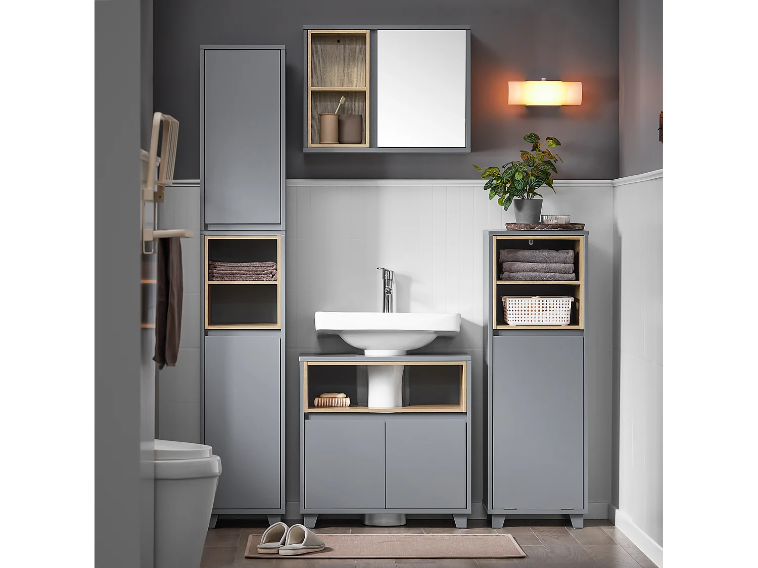 SoBuy BZR149-DG Armoire Murale avec Miroir pour Salle de Bain, Placard de Rangement Suspendu, Meuble Haut Salle de Bain avec Porte et 2 Compartiments Ouverts