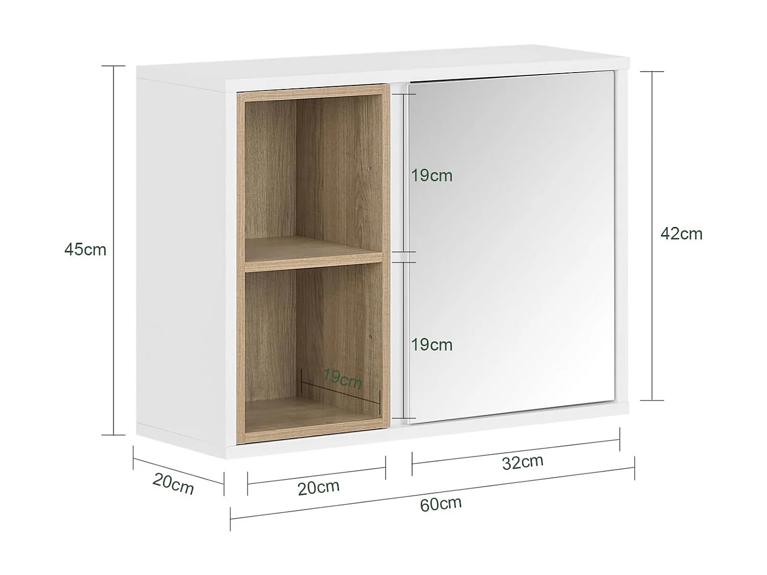 SoBuy BZR149-W Armoire Murale avec Miroir pour Salle de Bain, Placard de Rangement Suspendu, Meuble Haut Salle de Bain avec Porte et 2 Compartiments Ouverts