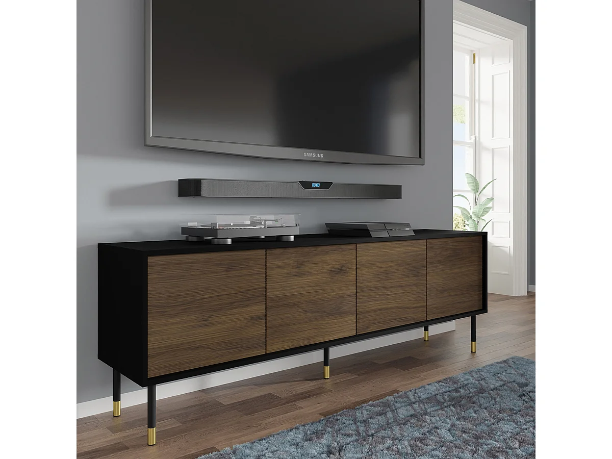Meuble TV 4 portes 180 cm Rani Bois et Noir