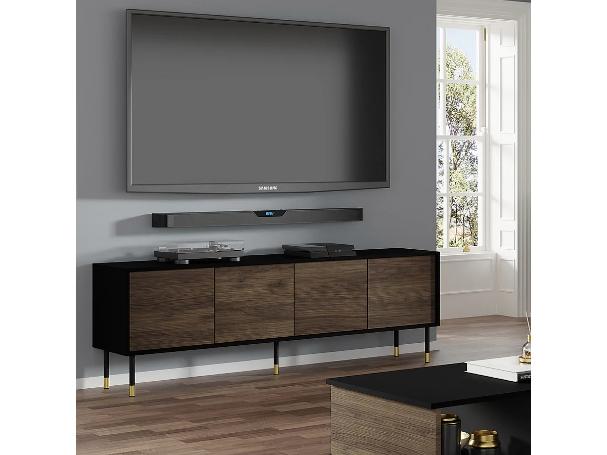 Meuble TV 4 portes 180 cm Rani Bois et Noir