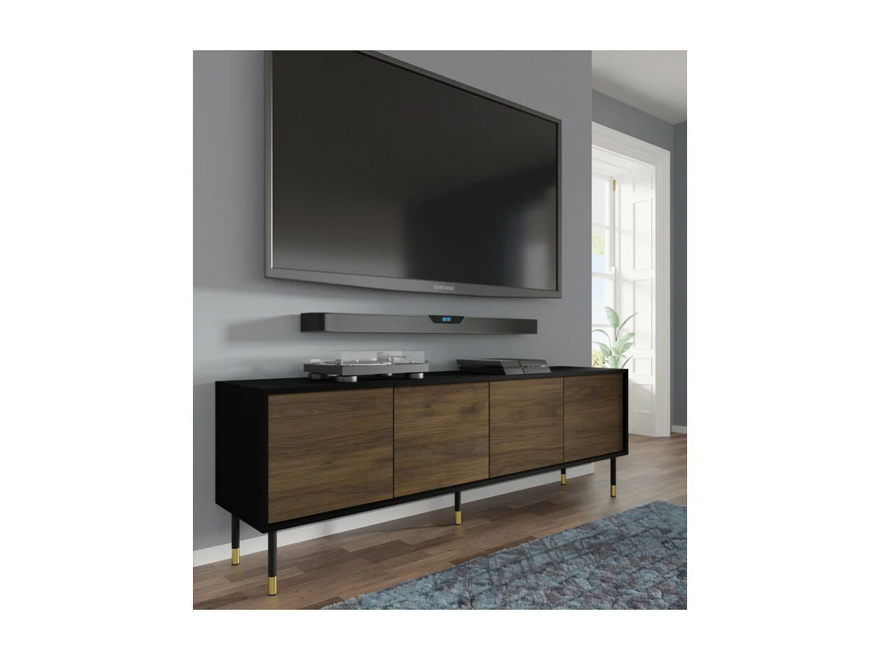 Meuble TV 4 portes 180 cm Rani Bois et Noir