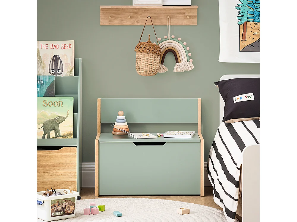 SoBuy Banc Coffre à Jouet pour Enfants, Coffre de Rangement 2 en 1, Banc de Rangement avec Dossier pour Enfant, Meuble de Rangement, Vert, 64x30x55 cm, KMB94-GR