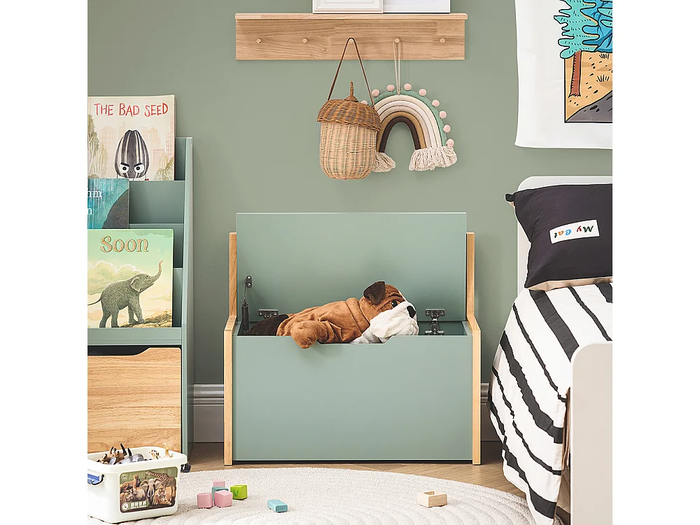 SoBuy Banc Coffre à Jouet pour Enfants, Coffre de Rangement 2 en 1, Banc de Rangement avec Dossier pour Enfant, Meuble de Rangement, Vert, 64x30x55 cm, KMB94-GR