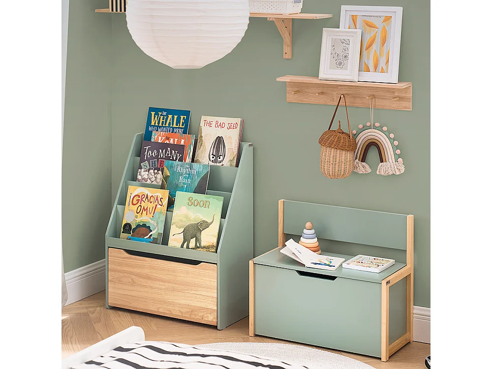 SoBuy Banc Coffre à Jouet pour Enfants, Coffre de Rangement 2 en 1, Banc de Rangement avec Dossier pour Enfant, Meuble de Rangement, Vert, 64x30x55 cm, KMB94-GR