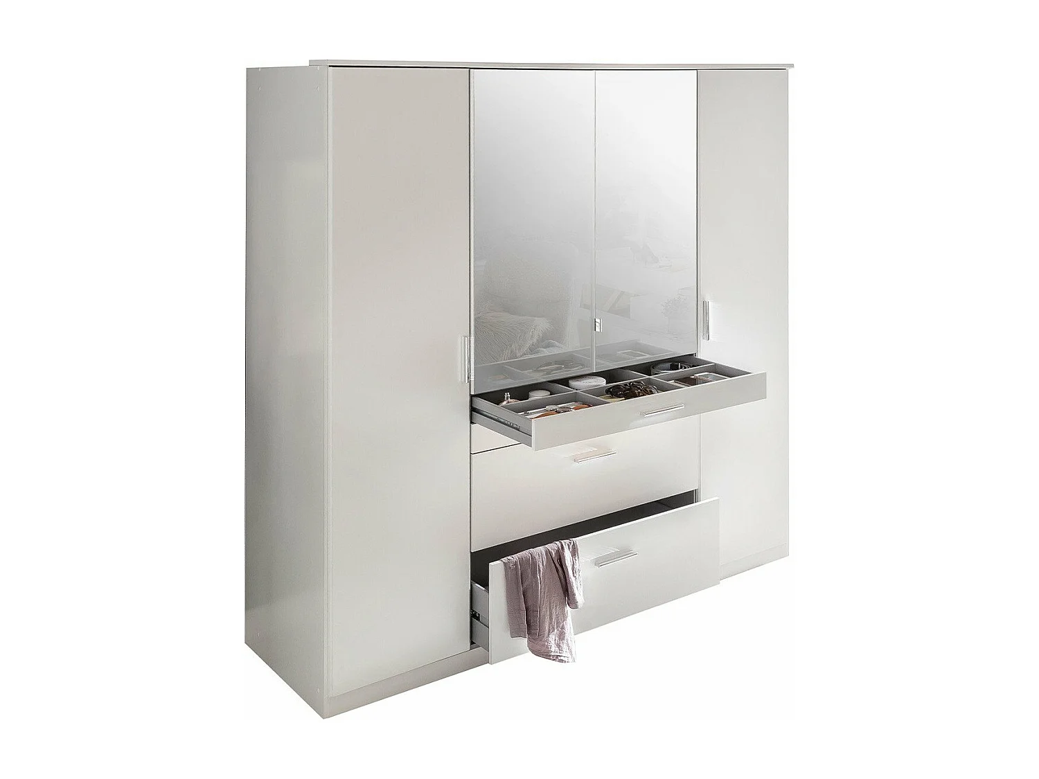 Kleiderschrank mit 4 Türen, davon 1 Spiegel, 4 Schubladen - L180 cm