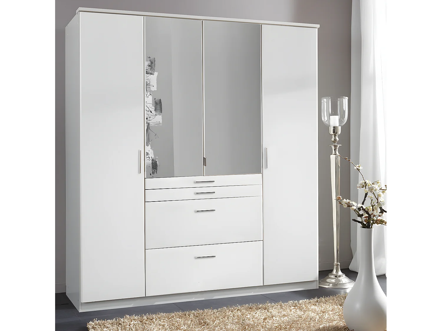 Kleiderschrank mit 4 Türen, davon 1 Spiegel, 4 Schubladen - L180 cm