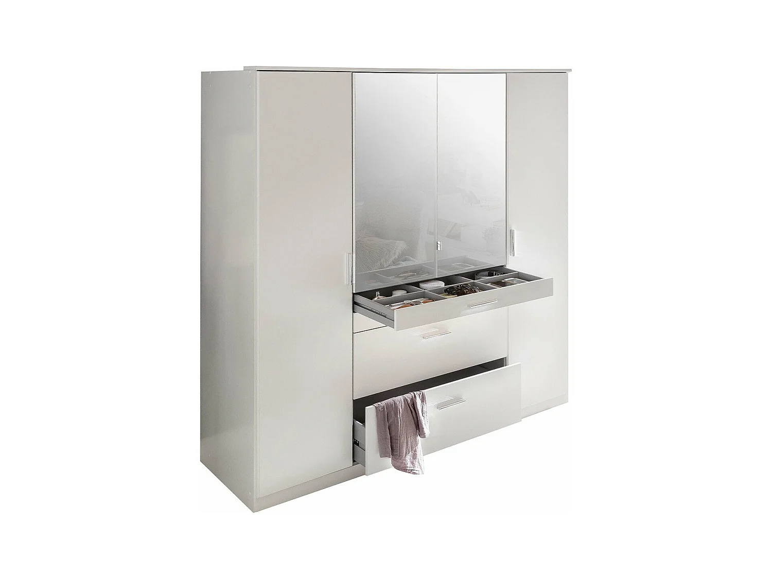 Armoire 4 portes dont 1 miroir, 4 tiroirs - L180 cm