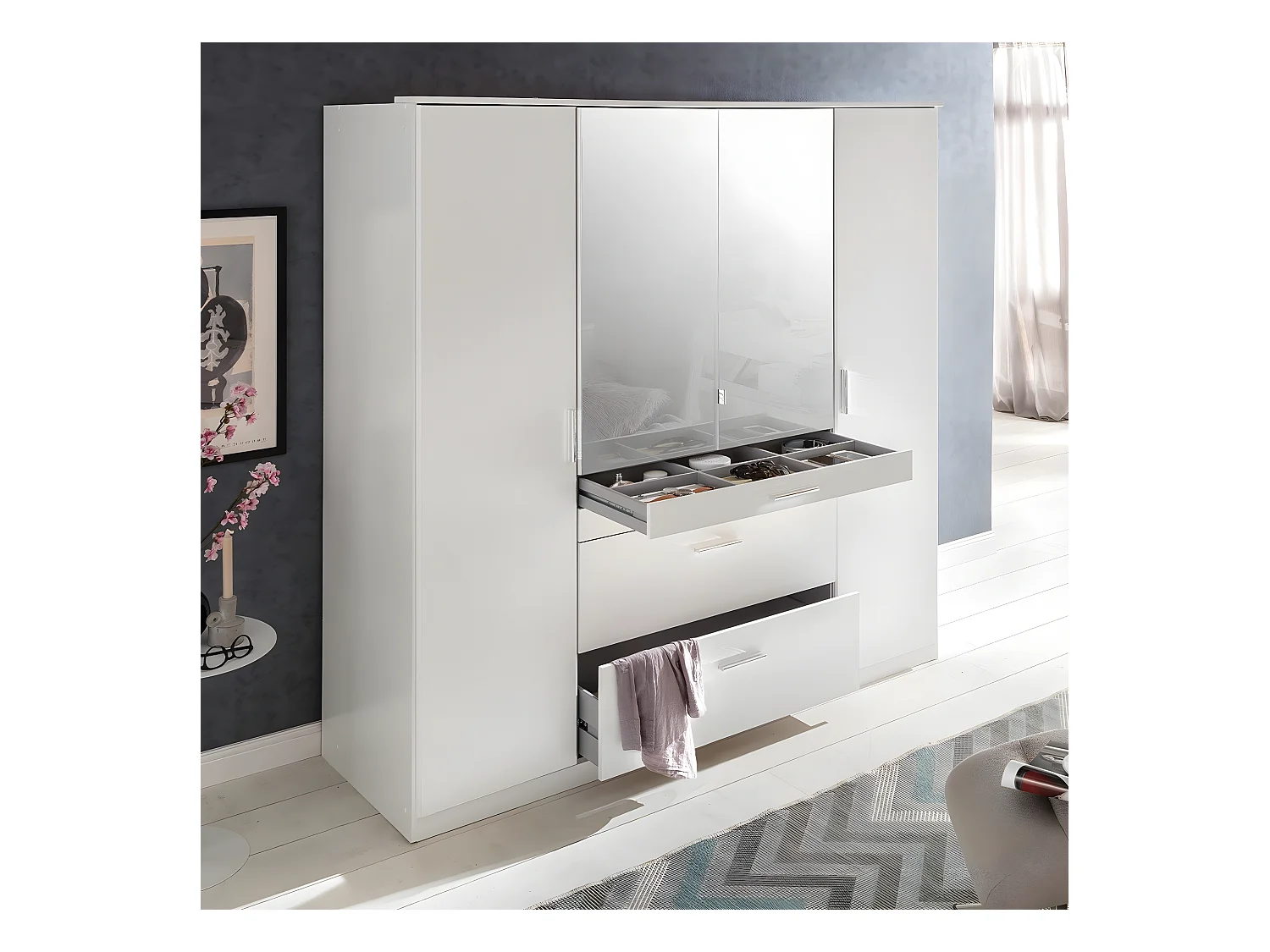 Armoire 4 portes dont 1 miroir, 4 tiroirs - L180 cm