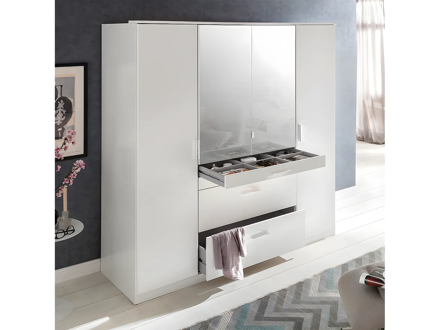 Armoire 4 portes dont 1 miroir, 4 tiroirs - L180 cm