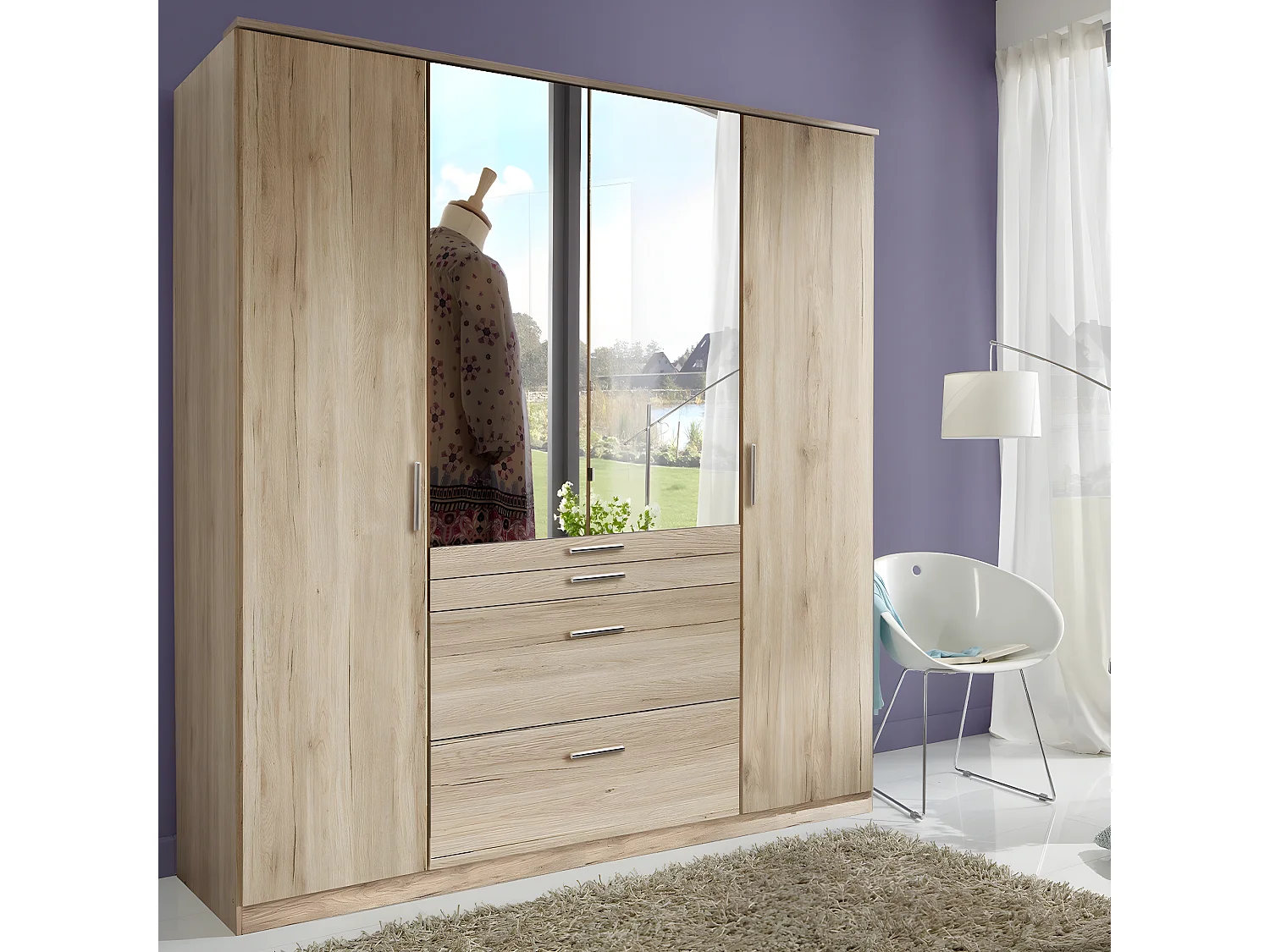 Kast met 4 deuren waarvan 1 spiegel, 4 laden - L180 cm