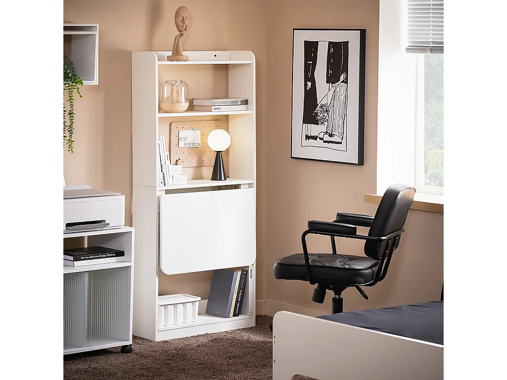 SoBuy Bureau d'Ordinateur, Bureau Pliant, Table d'Ordinateur Rabattable, Table Informatique avec Etagères de Rangement 64 x 58 x 145 cm, FWT92-H-W