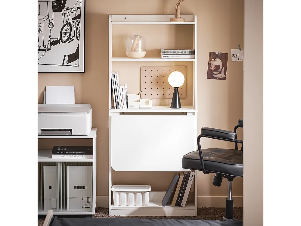 SoBuy Bureau d'Ordinateur, Bureau Pliant, Table d'Ordinateur Rabattable, Table Informatique avec Etagères de Rangement 64 x 58 x 145 cm, FWT92-H-W