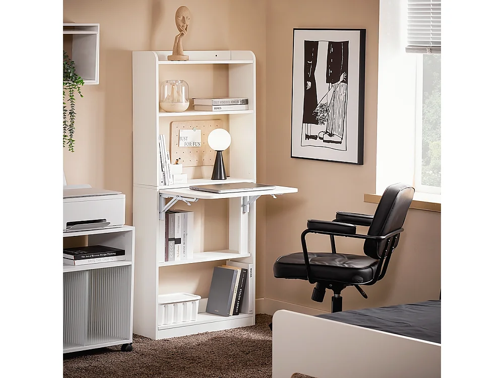 SoBuy Bureau d'Ordinateur, Bureau Pliant, Table d'Ordinateur Rabattable, Table Informatique avec Etagères de Rangement 64 x 58 x 145 cm, FWT92-H-W