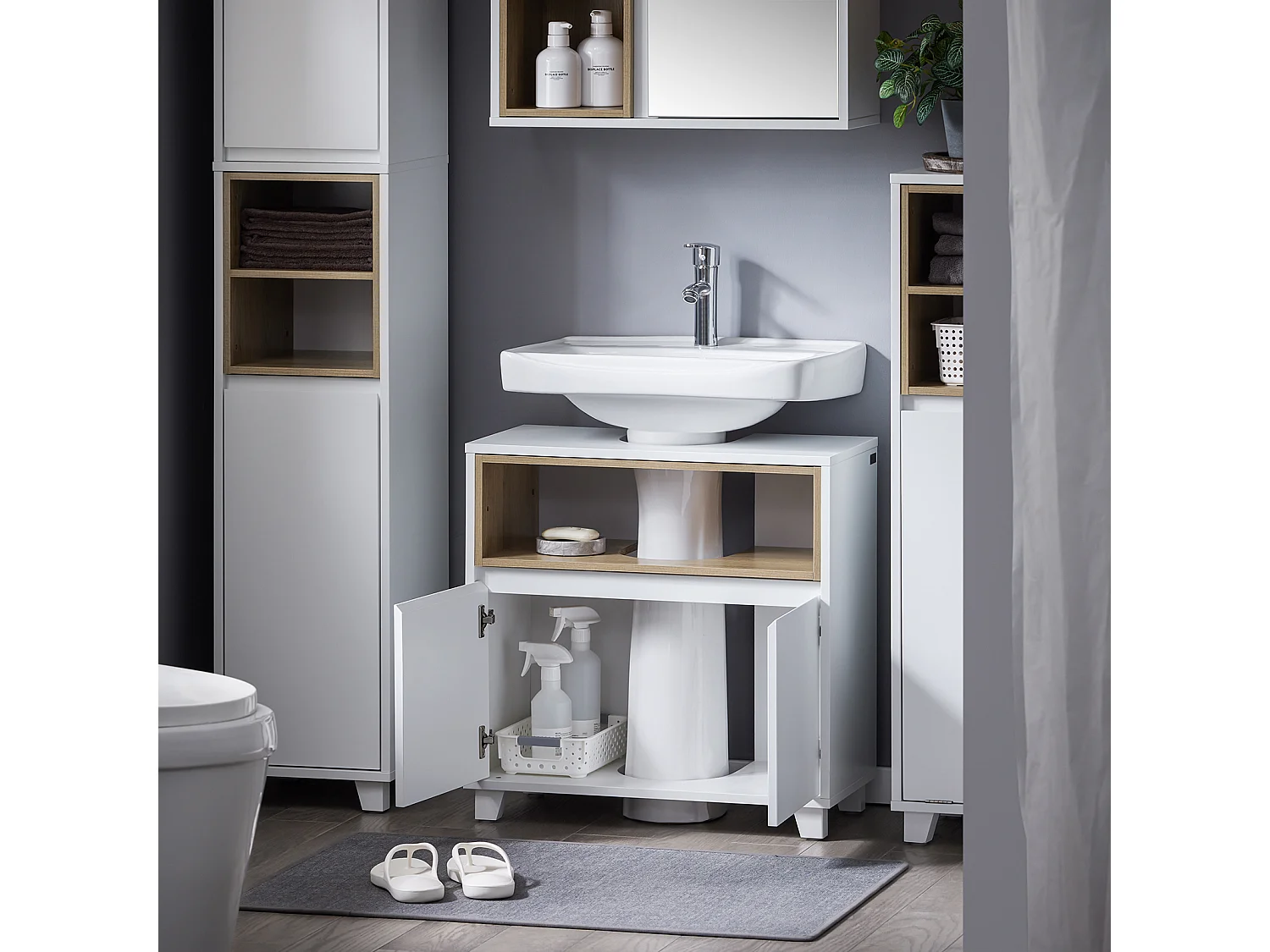 SoBuy BZR148-W Meuble sous Lavabo de Salle de Bain, Meuble sous Vasque à 2 Portes, Placard Armoire de Rangement Meuble évier de Cuisine, L60 x P30 x H61 cm, Blanc