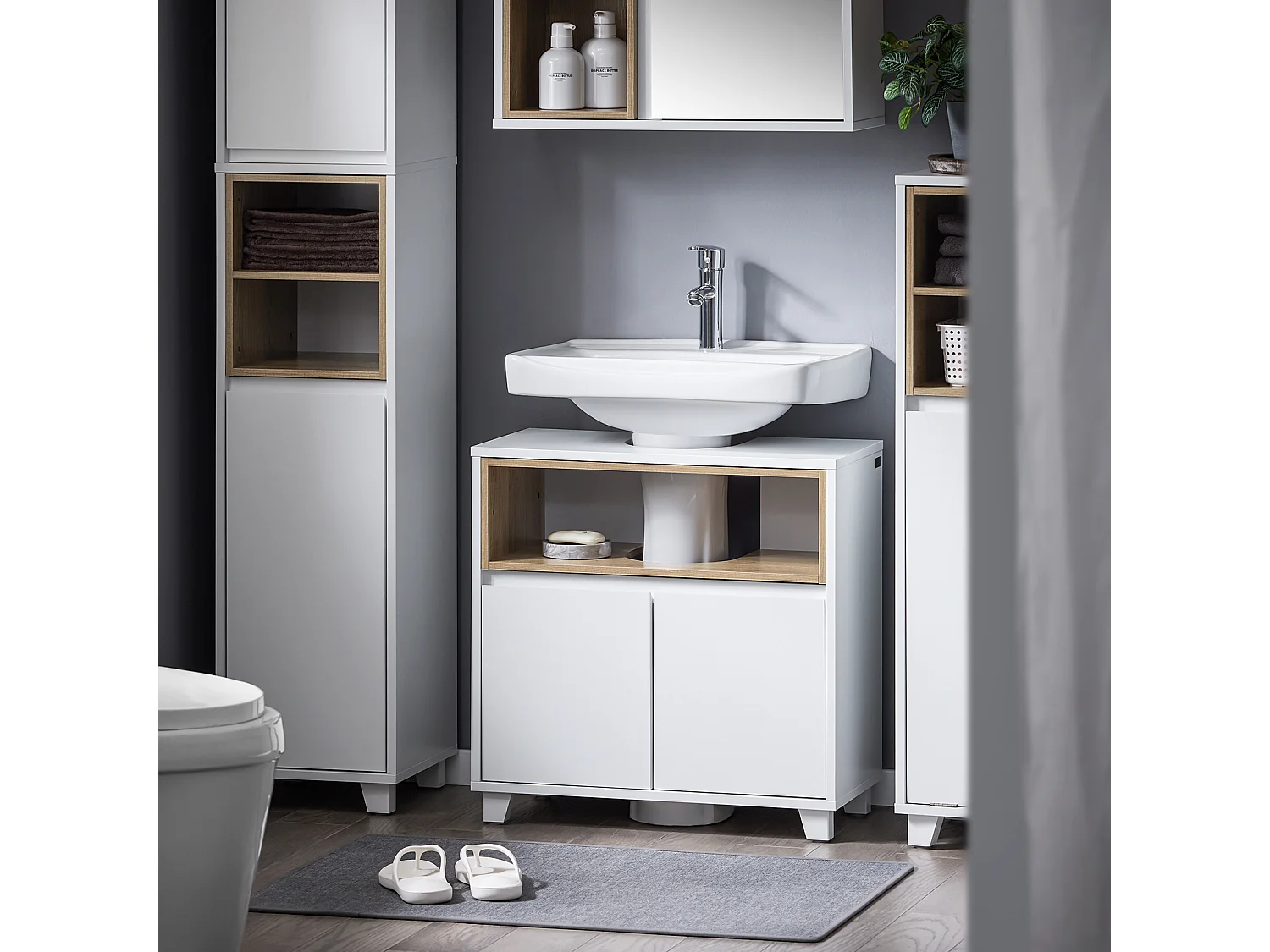 SoBuy BZR148-W Meuble sous Lavabo de Salle de Bain, Meuble sous Vasque à 2 Portes, Placard Armoire de Rangement Meuble évier de Cuisine, L60 x P30 x H61 cm, Blanc